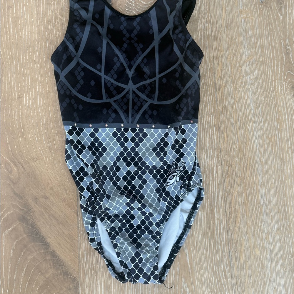 GK Elite Simone Black and Gray Youth Medium Leotard